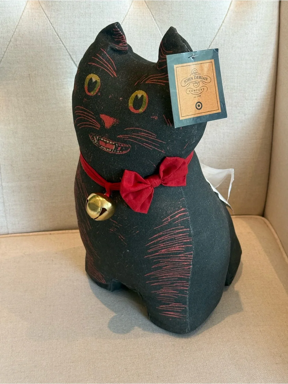 John Derian For Target Decorative Black Cat Pillow with Red Bow NWT